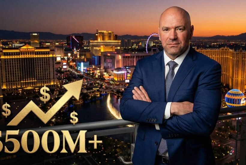 Dana White net worth 2026 - UFC president standing in front of Las Vegas skyline with $500M+ graphic