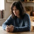 A woman sitting alone at a kitchen table looking thoughtful, representing the emotional experience of being gaslit by a husband