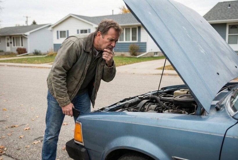 Man looking at broken car engine, wondering if CarShield is worth it
