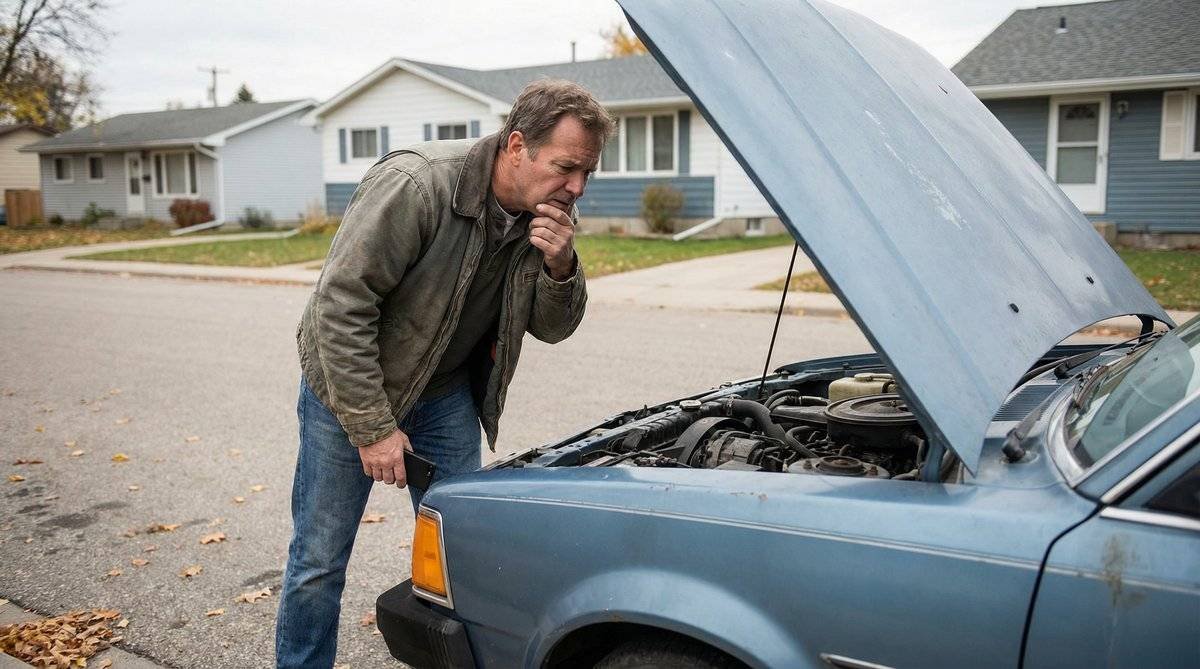 Man looking at broken car engine, wondering if CarShield is worth it