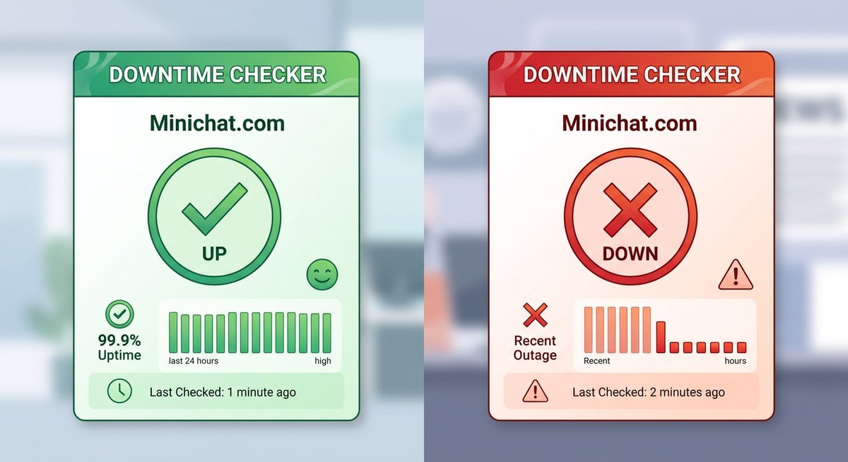 Screenshot mockup of a downtime-checker tool such as Downdetector showing Minichat's status toggling between