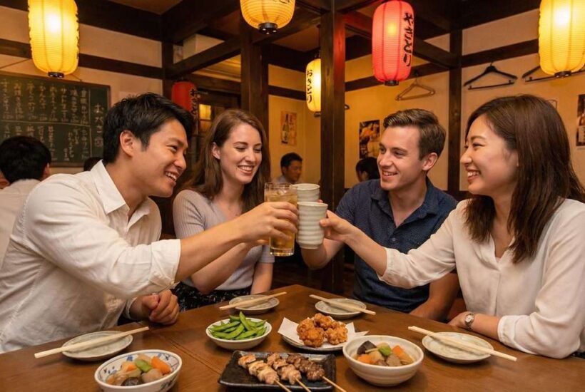 Four diverse friends raising glasses in a kanpai toast at a traditional Japanese izakaya