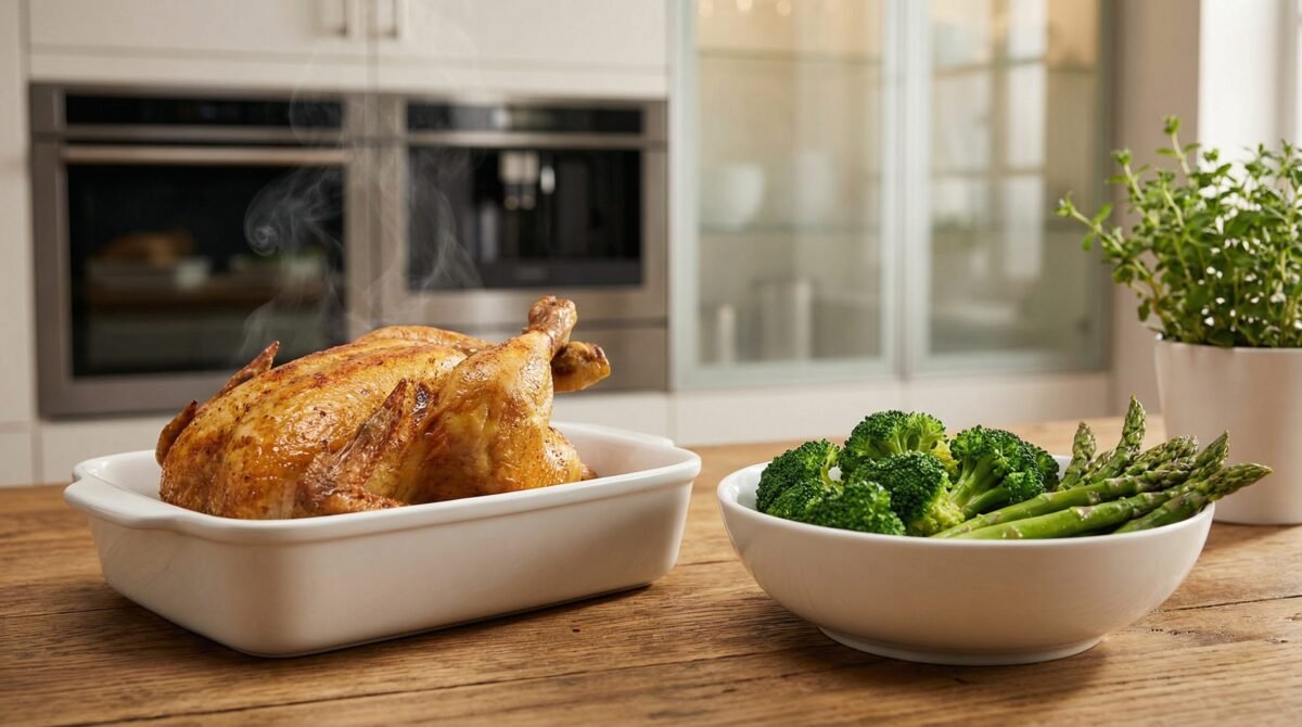 Golden-brown roast chicken and vibrant steamed broccoli and asparagus prepared in the Panasonic NEBS6AK steam oven