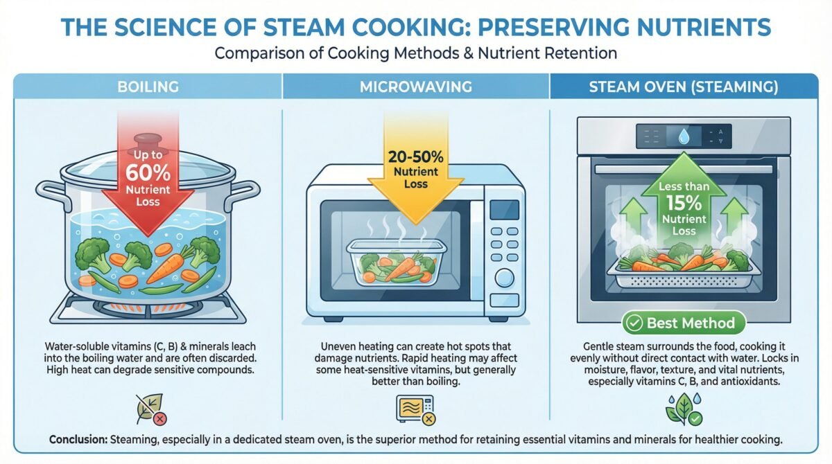 Infographic comparing nutrient loss in broccoli across boiling, microwaving, and steam oven cooking methods