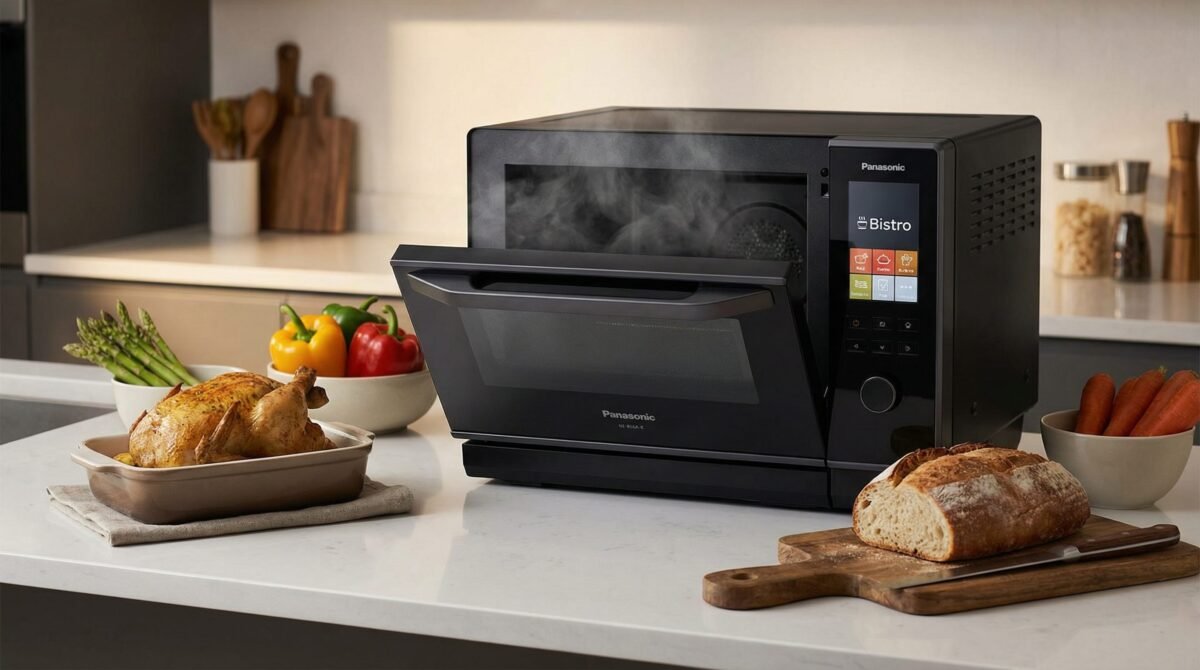 Panasonic NEBS6AK Bistro steam oven on a kitchen countertop surrounded by fresh ingredients