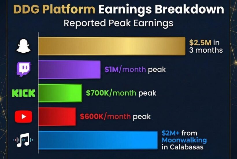 DDG platform earnings breakdown infographic - Snapchat, Twitch, Kick, YouTube, Music