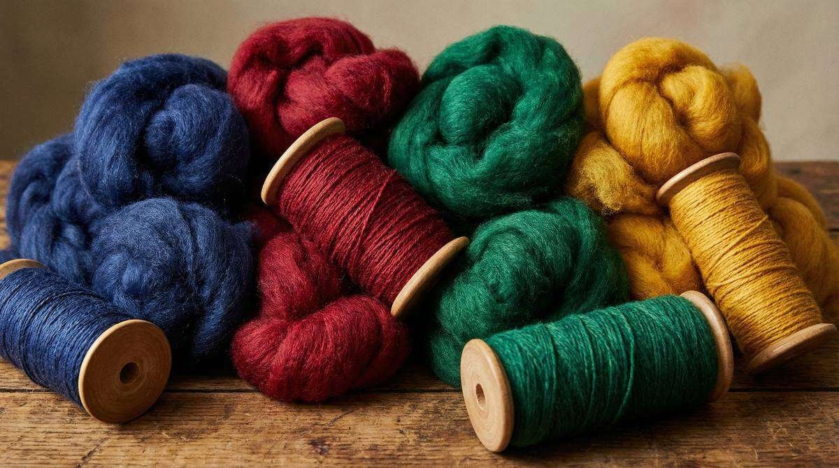 Vibrant colored raw wool fibers and yarn spools representing the dyed-in-the-wool idiom