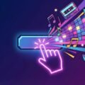 A neon-lit illustration of a cursor clicking a hyperlink with retro musical notes and cassette tapes bursting out, representing the rickroll internet prank