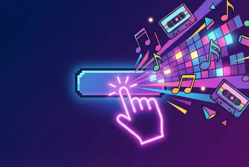 A neon-lit illustration of a cursor clicking a hyperlink with retro musical notes and cassette tapes bursting out, representing the rickroll internet prank