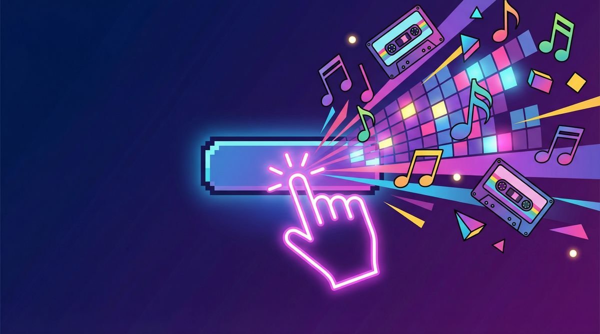 A neon-lit illustration of a cursor clicking a hyperlink with retro musical notes and cassette tapes bursting out, representing the rickroll internet prank