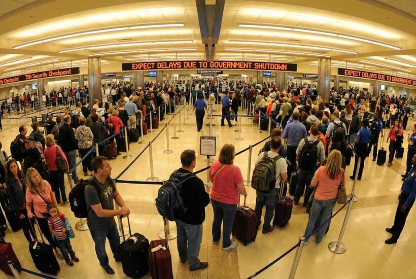 A long TSA security line at an airport, illustrating the impact of the government shutdown on travel.