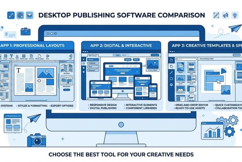 microsoft publisher alternative — comparison of desktop publishing software options including Canva, Affinity Publisher, and Scribus dashboards