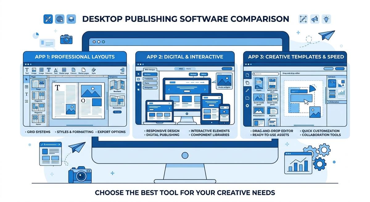 microsoft publisher alternative — comparison of desktop publishing software options including Canva, Affinity Publisher, and Scribus dashboards