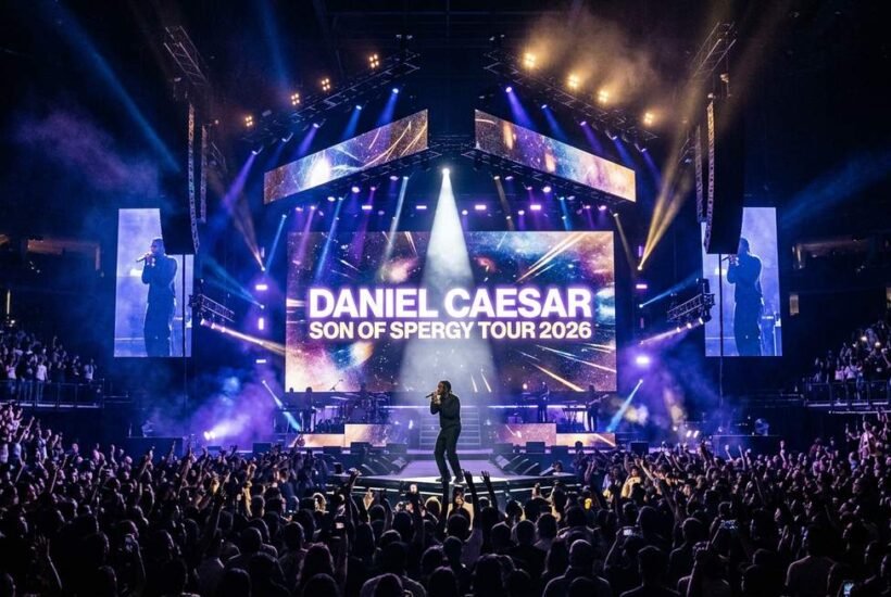Daniel Caesar Son of Spergy Tour 2026 promotional concert artwork with arena stage lighting