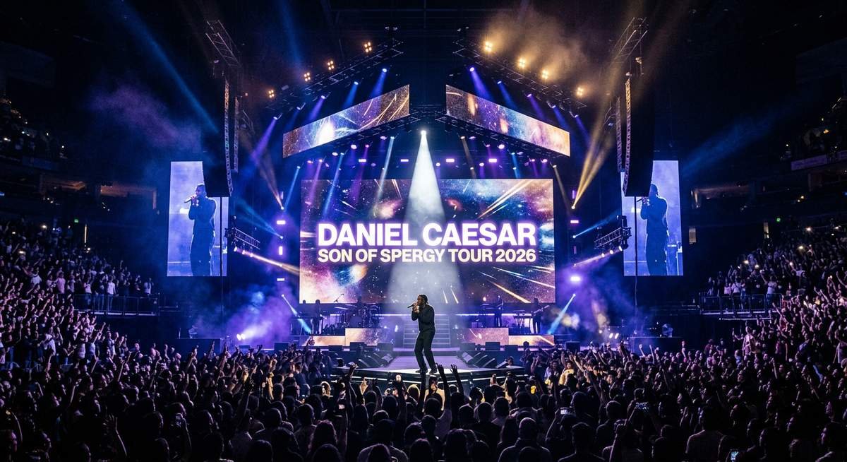 Daniel Caesar Son of Spergy Tour 2026 promotional concert artwork with arena stage lighting