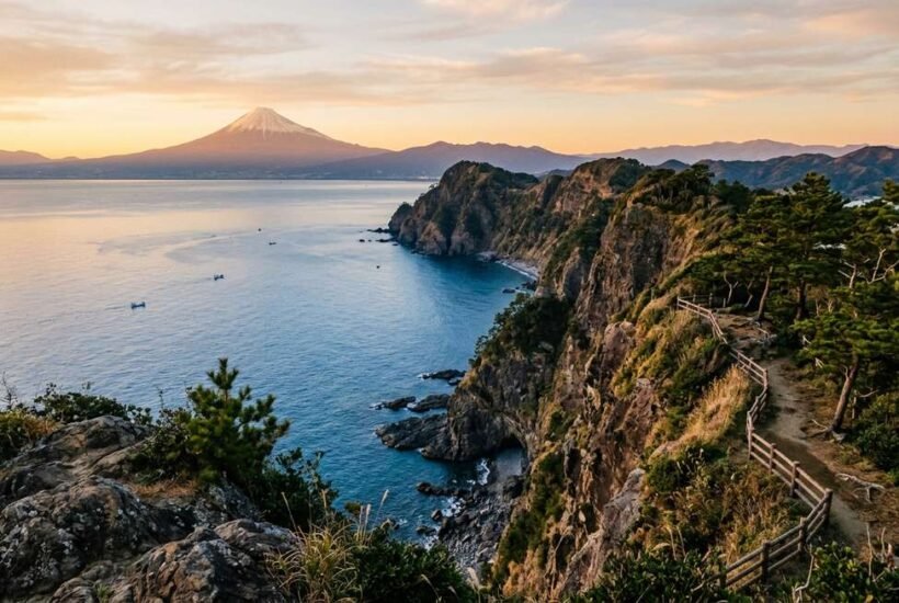 highlights of nummazaki — dramatic coastal cliffs above Suruga Bay with Mount Fuji visible across the water at golden hour