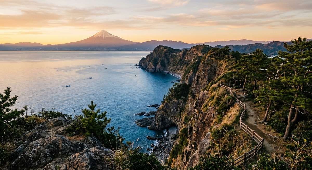 highlights of nummazaki — dramatic coastal cliffs above Suruga Bay with Mount Fuji visible across the water at golden hour