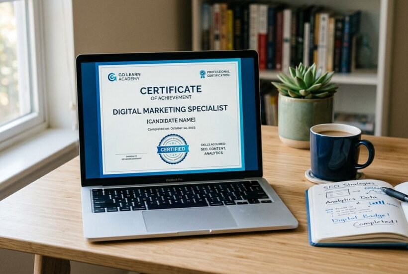 McKinsey Forward program overview — laptop showing digital badge certificate in modern professional workspace