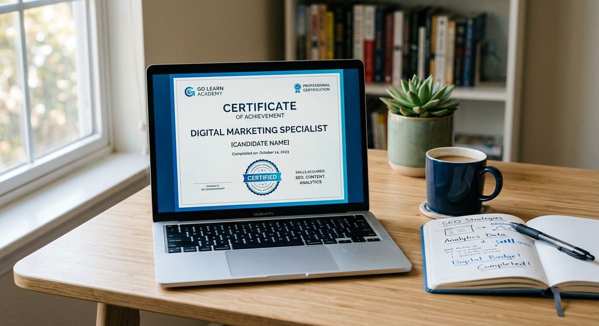 McKinsey Forward program overview — laptop showing digital badge certificate in modern professional workspace