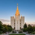 Logan Utah Temple exterior at golden hour — the site where Henry and Kathleen Eyring were sealed in marriage on July 27, 1962