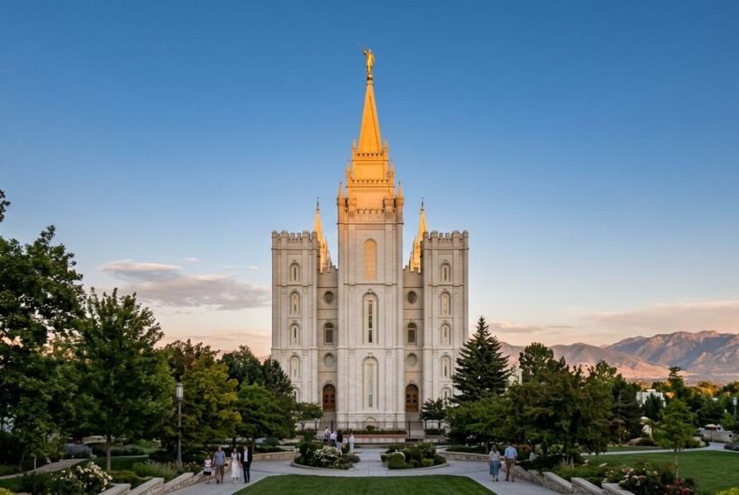 Logan Utah Temple exterior at golden hour — the site where Henry and Kathleen Eyring were sealed in marriage on July 27, 1962