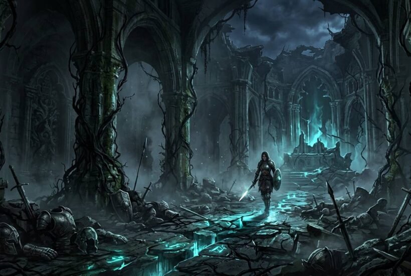 Mortal Shell 2 release date — dark fantasy ruins with eerie glow representing the shattered world of Cold Symmetry sequel