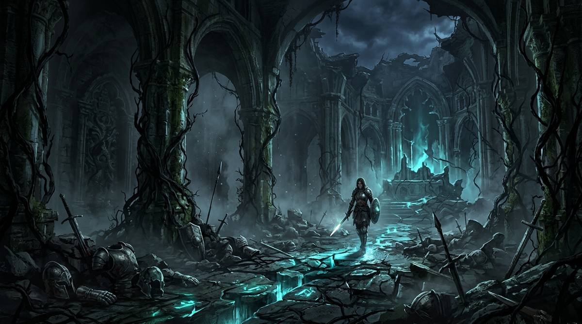 Mortal Shell 2 release date — dark fantasy ruins with eerie glow representing the shattered world of Cold Symmetry sequel