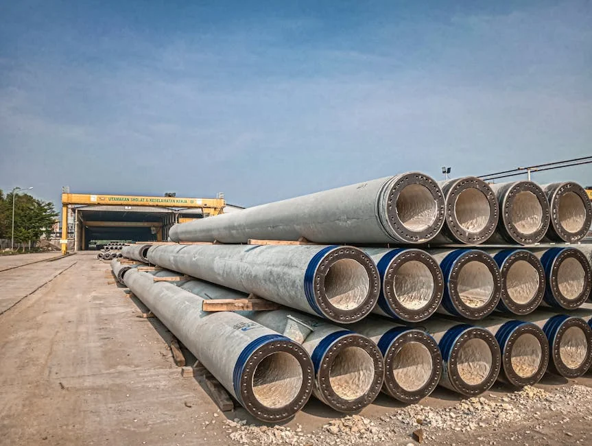 Stacked industrial concrete pipes near a construction area under clear skies. - portalrhrenner