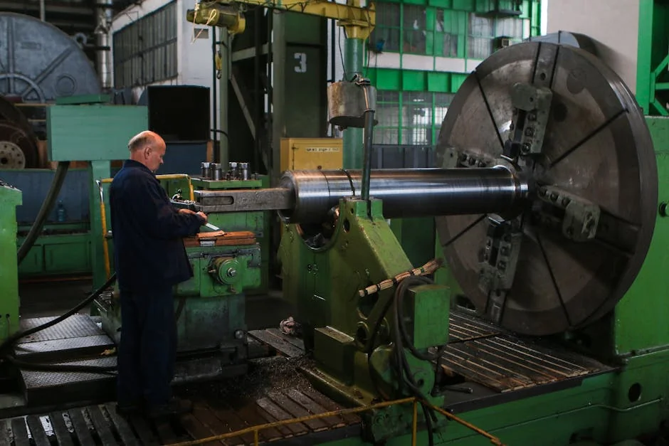 Adult male worker inspecting large machinery in an industrial factory setting. - portalrhrenner