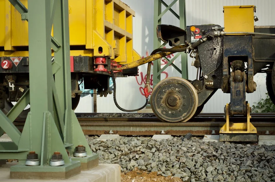 Detailed image of connected railway components on track, showing machinery and infrastructure. - portalrhrenner