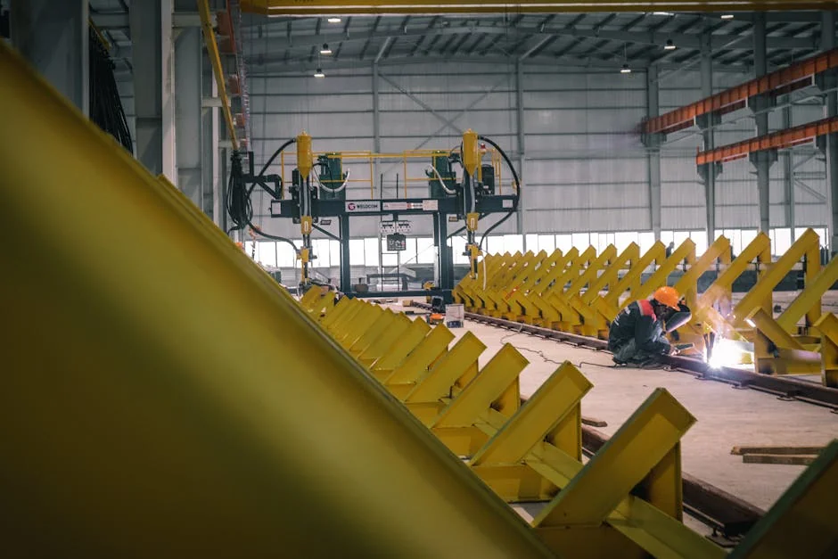 A worker welding metal in an industrial warehouse with heavy machinery. - portalrhrenner
