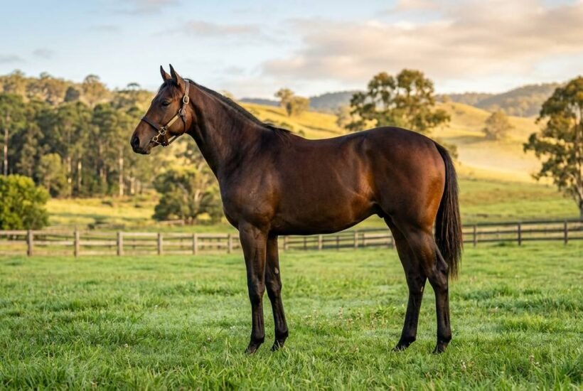 Thoroughbred filly standing in a green Australian paddock at golden hour, representative of Quinceanera's bloodline and breeding value