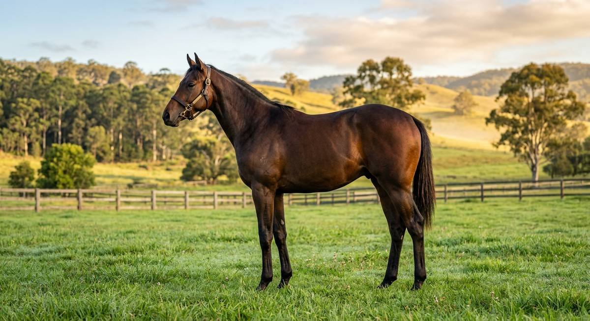 Thoroughbred filly standing in a green Australian paddock at golden hour, representative of Quinceanera's bloodline and breeding value