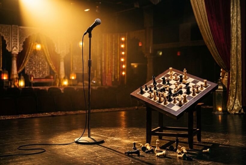 samay raina age — stage microphone next to chess board representing comedy and chess career