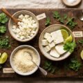cotija cheese alternative comparison showing crumbled feta queso fresco and parmesan on wooden board with herbs and lime