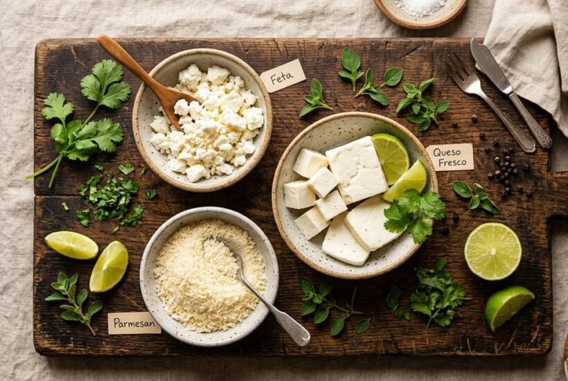 cotija cheese alternative comparison showing crumbled feta queso fresco and parmesan on wooden board with herbs and lime