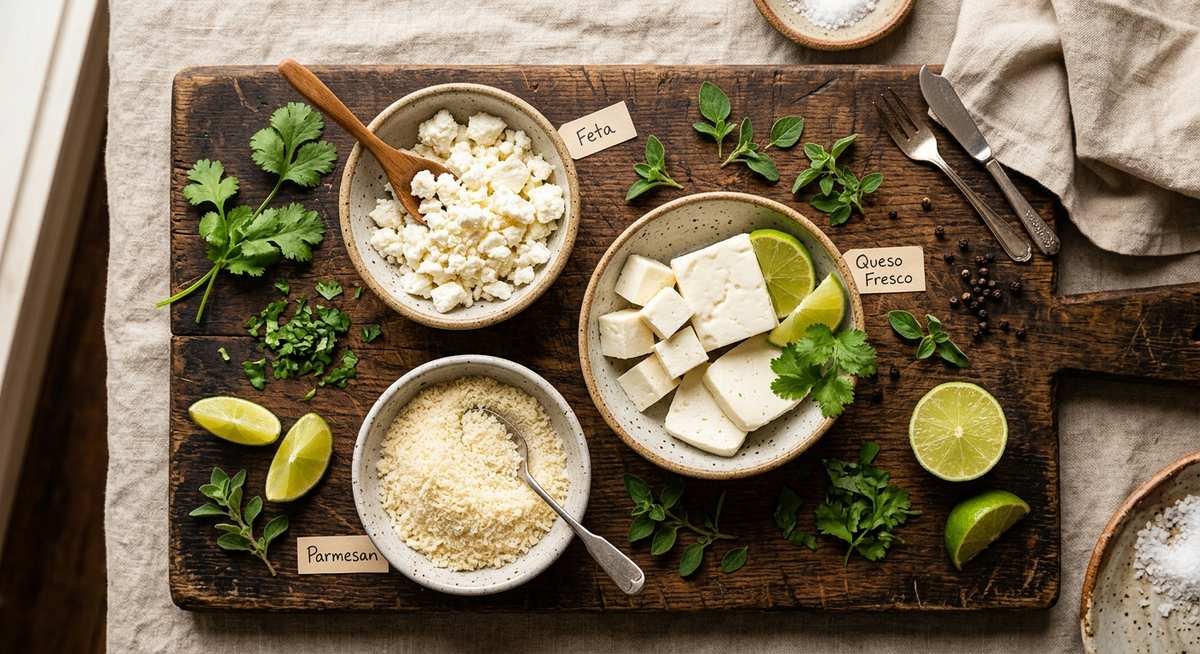 cotija cheese alternative comparison showing crumbled feta queso fresco and parmesan on wooden board with herbs and lime