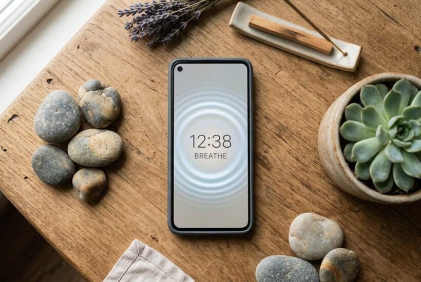 free mindfulness apps — smartphone displaying meditation timer app surrounded by smooth river stones and morning light