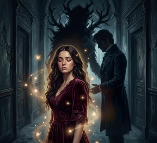 the monster boss's blind wife — blind woman in dark corridor with a monstrous silhouette transforming into a romantic figure, MomeShort short drama cover art