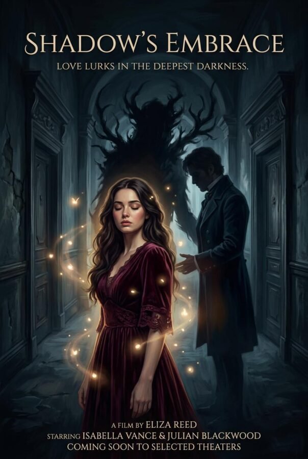 the monster boss's blind wife — blind woman in dark corridor with a monstrous silhouette transforming into a romantic figure, MomeShort short drama cover art