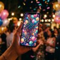 smartphone displaying a colorful digital party invitation with confetti and balloons for evite meaning concept