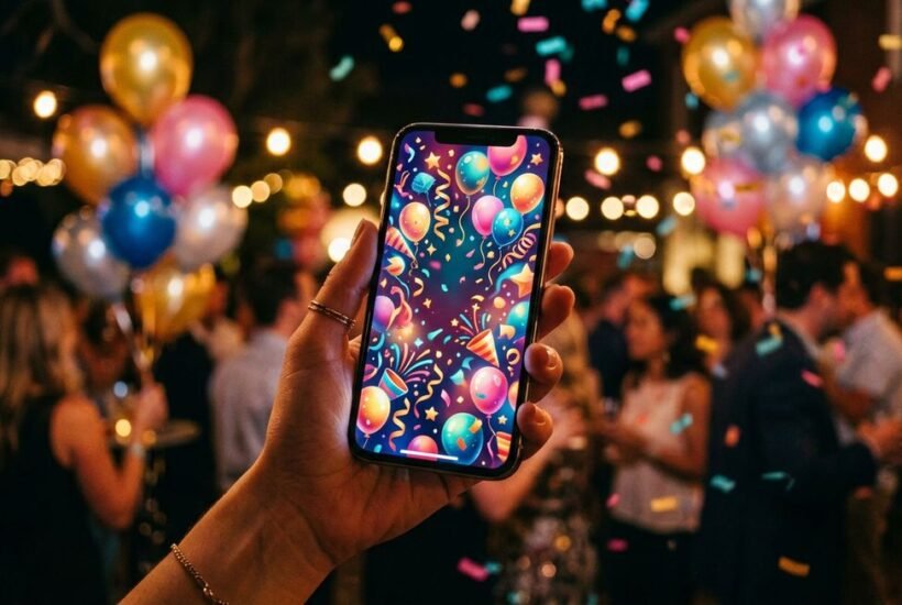 smartphone displaying a colorful digital party invitation with confetti and balloons for evite meaning concept