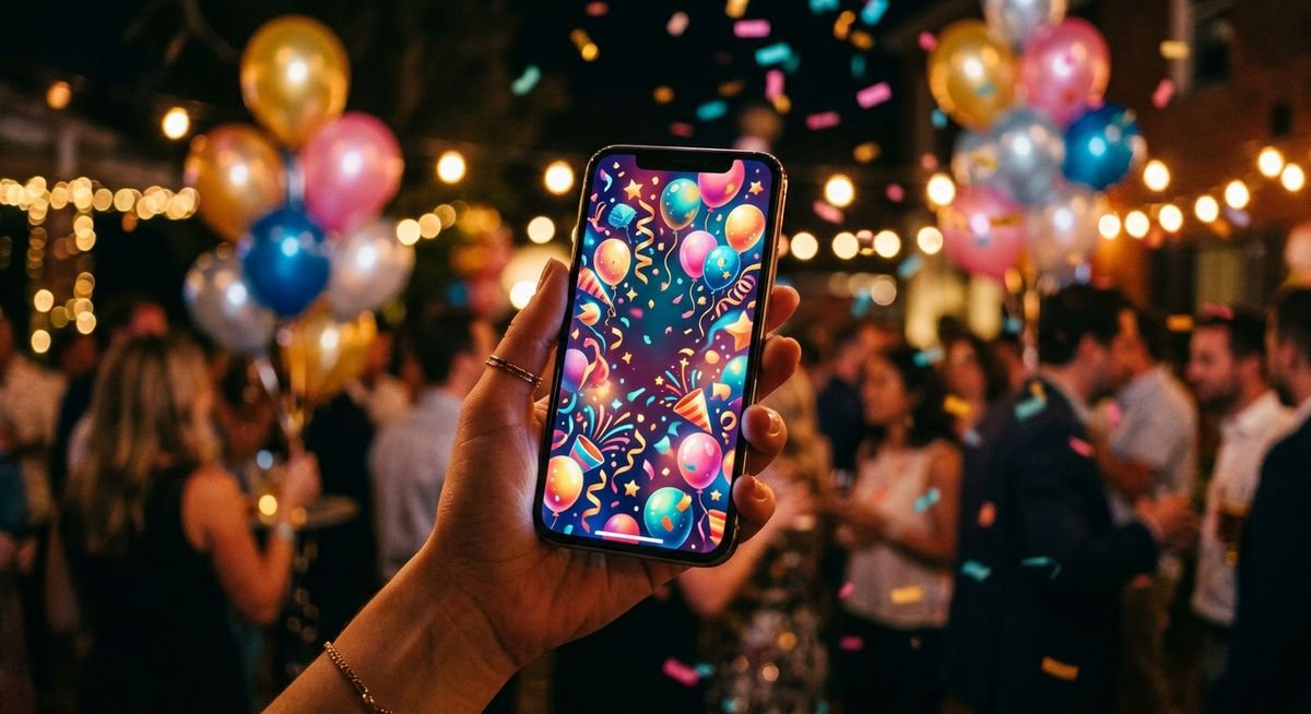 smartphone displaying a colorful digital party invitation with confetti and balloons for evite meaning concept