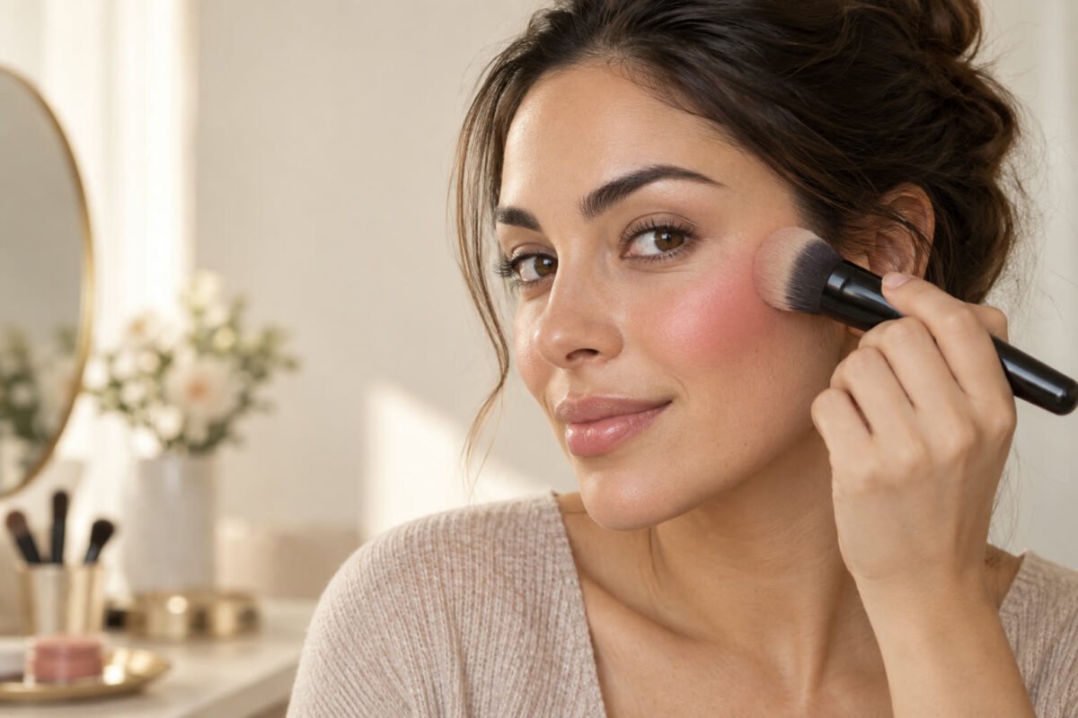 Woman pressing blush high on her cheekbone with a soft brush