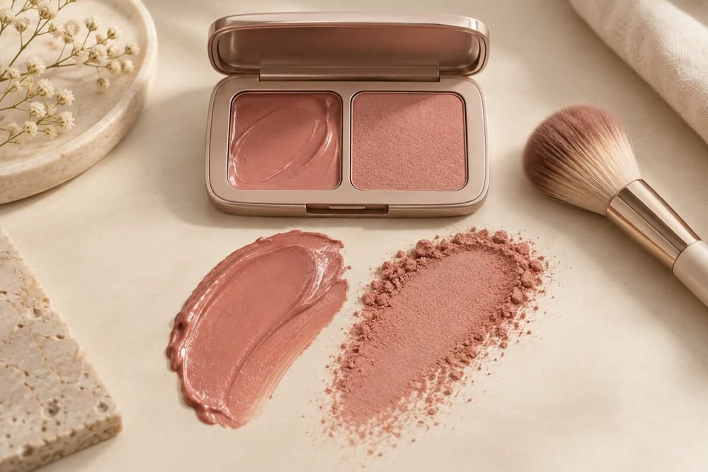 Matching dusty rose cream and powder blush textures shown side by side