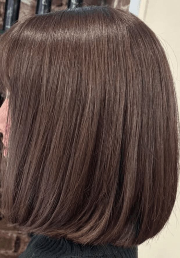 Brown blunt bob from behind with even colour from root to tip, a Rush Hair & Beauty photo